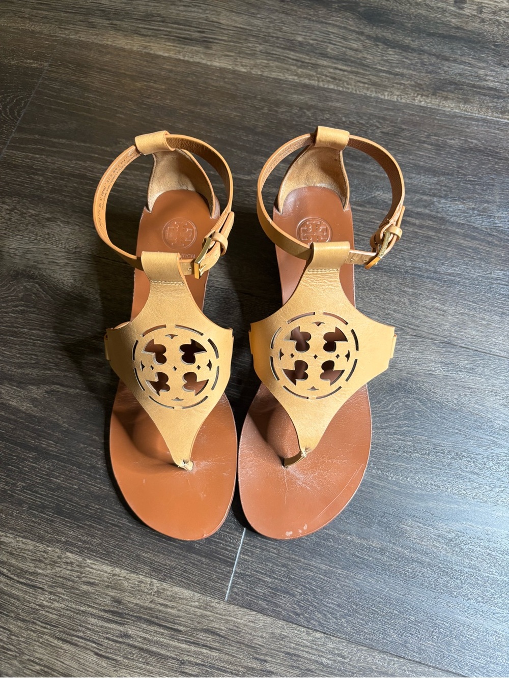Tory Burch ZOEY Wedge Sandal Shoe Sand Tan Brown Leather Sz 8.5 M